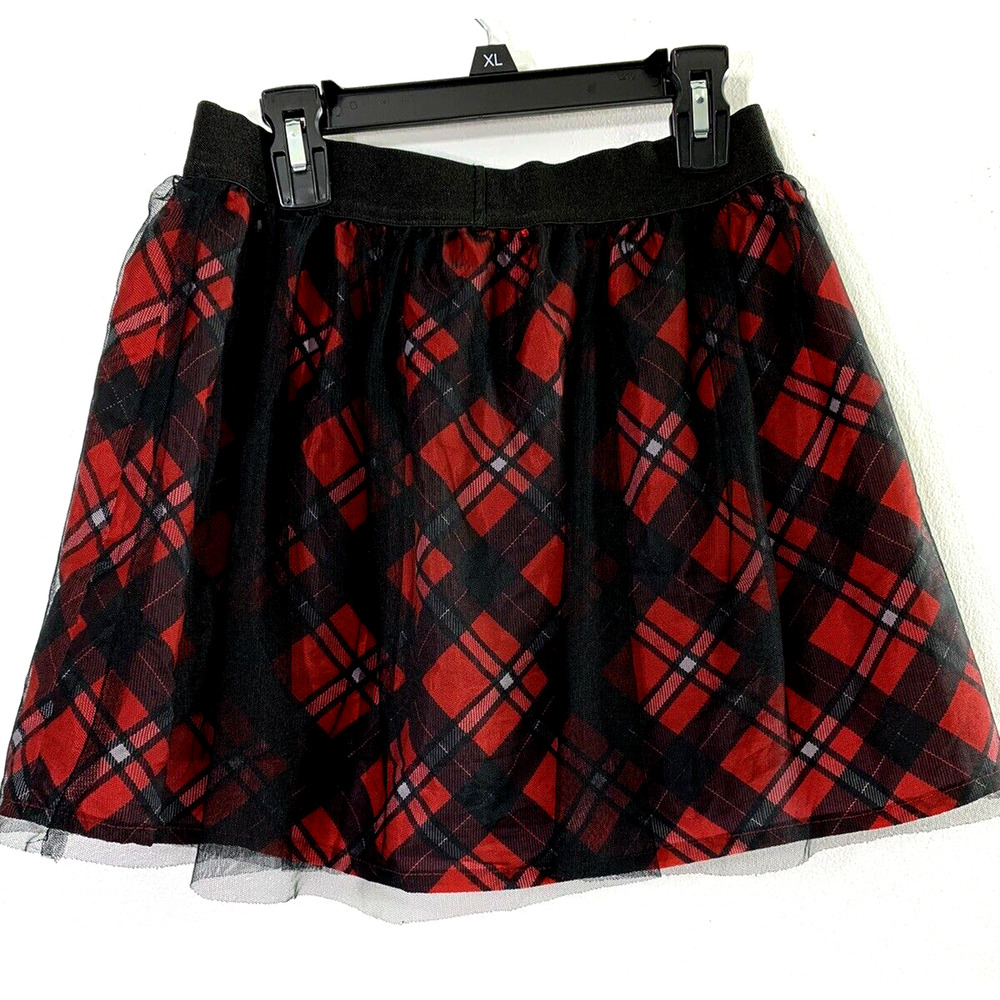 Disney Minnie Mouse Girls Skirt XL 14-16 Plaid Tulle Skort Red‎ Black